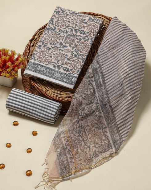 Designer Hand Block Print Cotton Suit Set with Kota Doria Dupatta (3CKD43)